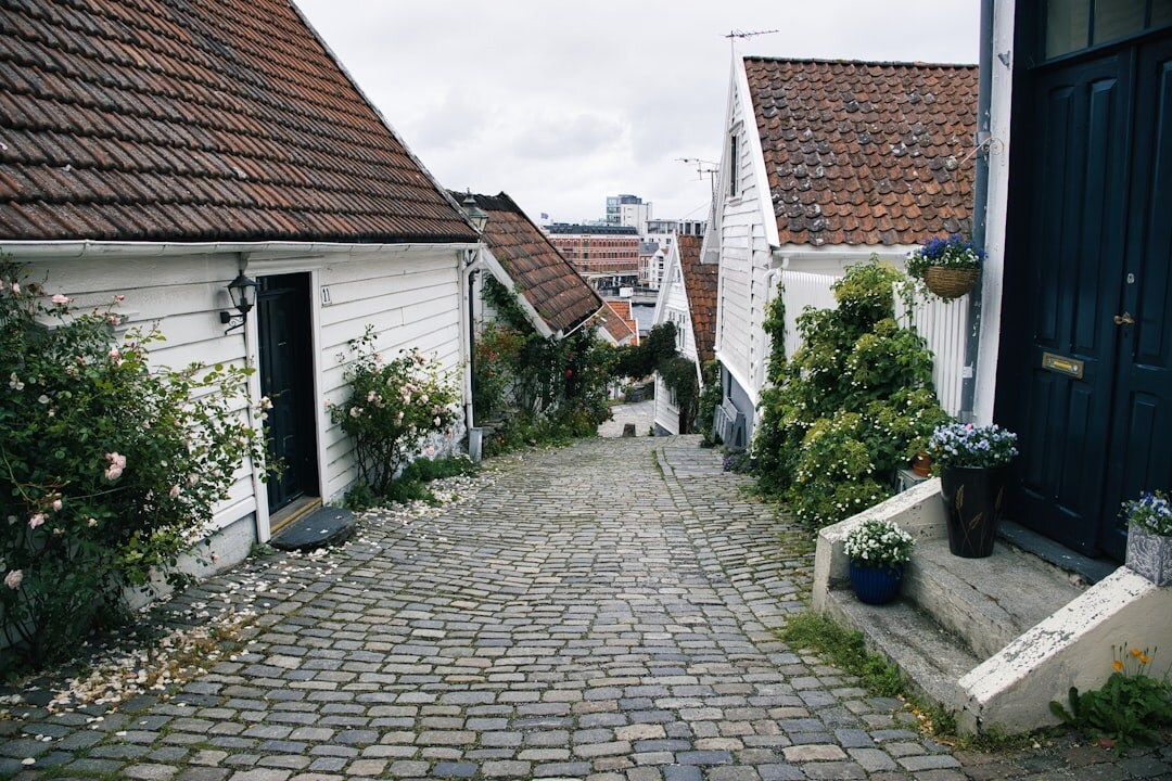 Narrow cobbled street in a small Danish coastal town with colorful houses